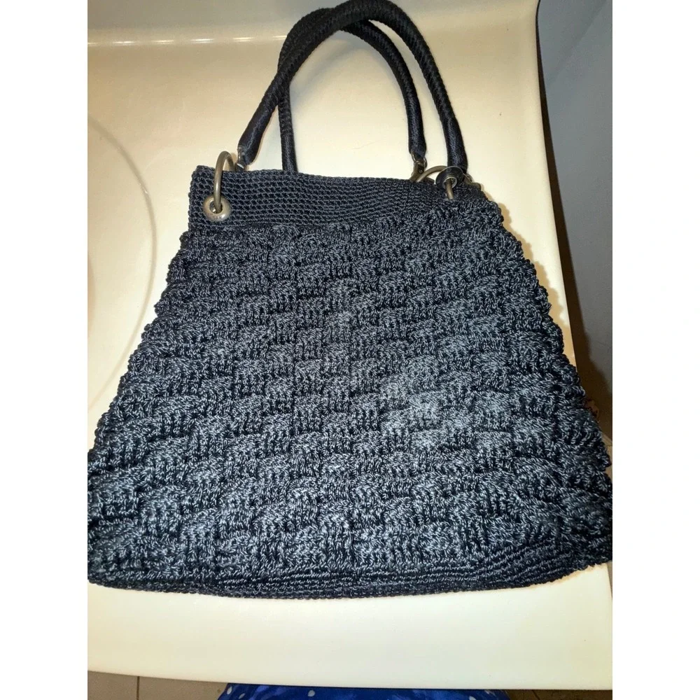 THE SAK Vintage Womens Black Woven Crochet Hobo Bag Purse Handbag